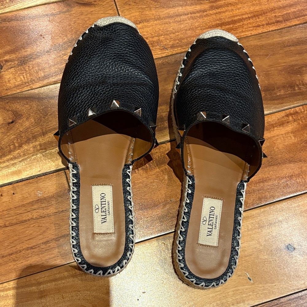 Valentino Black Leather Studded Espadrille Mule